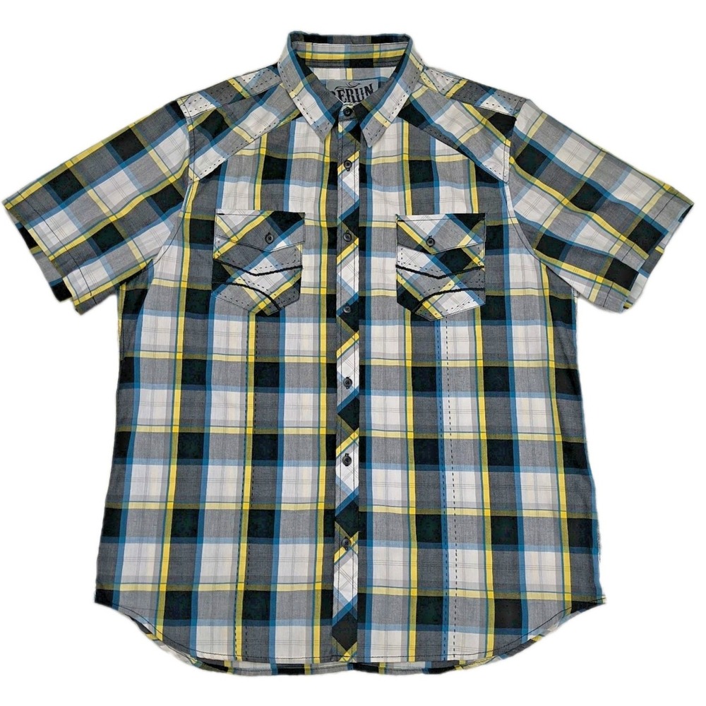 Rerun Mens XL Short Sleeve Plaid Western Button Down Shirt Yellow Blue‎ Black